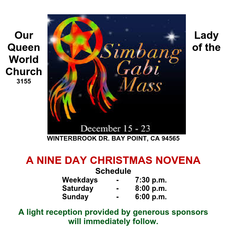 Simbang Gabi Filipino 9Day Novena Our Lady Queen of the World Bay